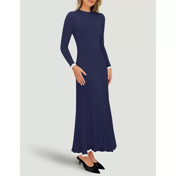 imageZESICA Womens Long Sleeve Sweater Dress 2024 Fall Crewneck Ribbed Knit Pleated ALine Maxi Wedding Guest DressesNavy