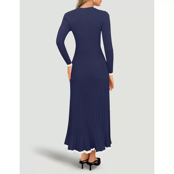 imageZESICA Womens Long Sleeve Sweater Dress 2024 Fall Crewneck Ribbed Knit Pleated ALine Maxi Wedding Guest DressesNavy