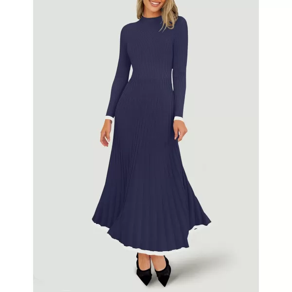 imageZESICA Womens Long Sleeve Sweater Dress 2024 Fall Crewneck Ribbed Knit Pleated ALine Maxi Wedding Guest DressesNavy