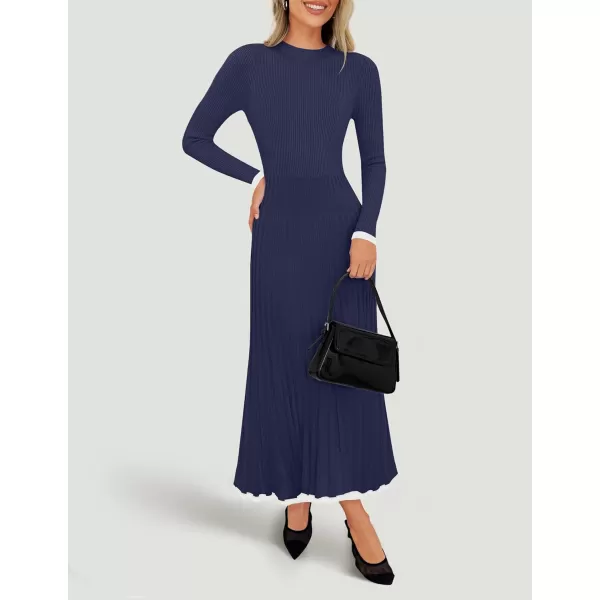 imageZESICA Womens Long Sleeve Sweater Dress 2024 Fall Crewneck Ribbed Knit Pleated ALine Maxi Wedding Guest DressesNavy