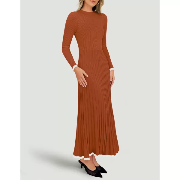 imageZESICA Womens Long Sleeve Sweater Dress 2024 Fall Crewneck Ribbed Knit Pleated ALine Maxi Wedding Guest DressesOrange Red