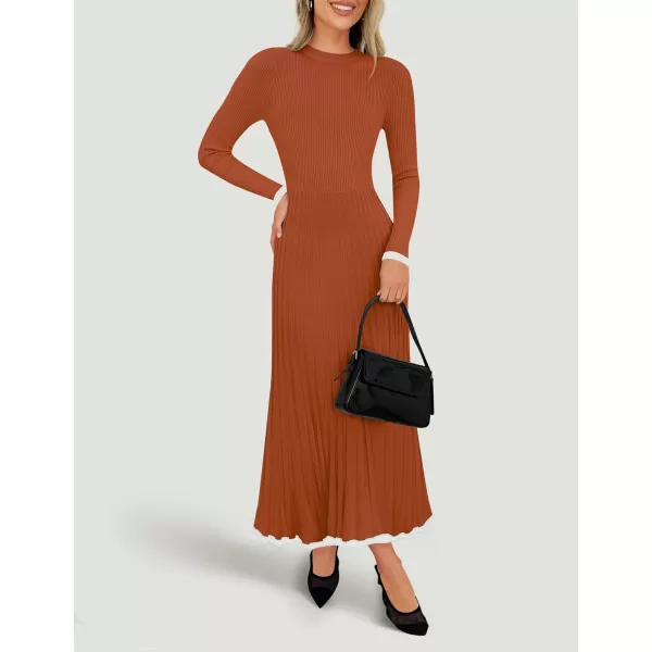 imageZESICA Womens Long Sleeve Sweater Dress 2024 Fall Crewneck Ribbed Knit Pleated ALine Maxi Wedding Guest DressesOrange Red