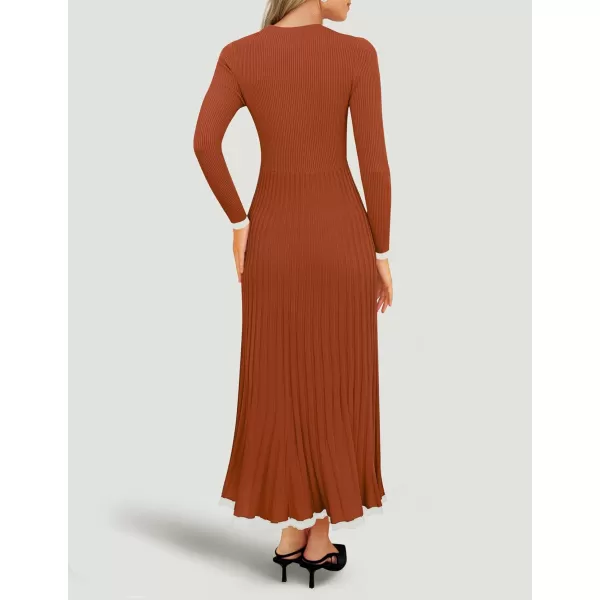 imageZESICA Womens Long Sleeve Sweater Dress 2024 Fall Crewneck Ribbed Knit Pleated ALine Maxi Wedding Guest DressesOrange Red