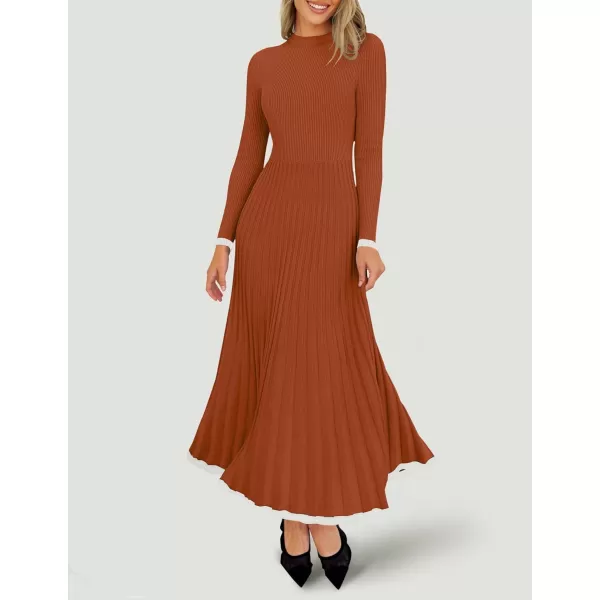 imageZESICA Womens Long Sleeve Sweater Dress 2024 Fall Crewneck Ribbed Knit Pleated ALine Maxi Wedding Guest DressesOrange Red