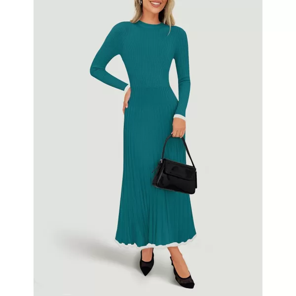 imageZESICA Womens Long Sleeve Sweater Dress 2024 Fall Crewneck Ribbed Knit Pleated ALine Maxi Wedding Guest DressesPeacock Blue