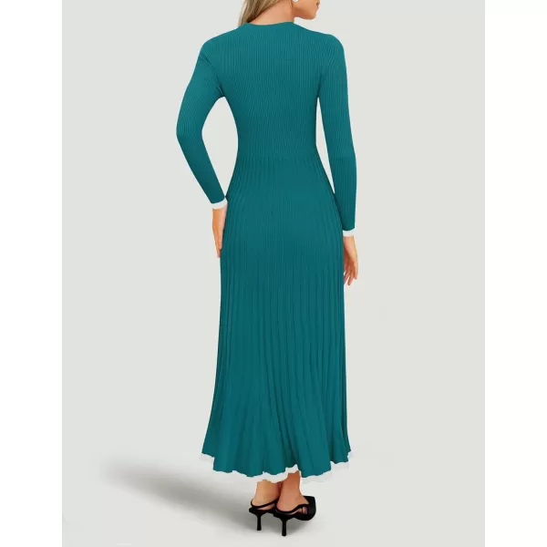 imageZESICA Womens Long Sleeve Sweater Dress 2024 Fall Crewneck Ribbed Knit Pleated ALine Maxi Wedding Guest DressesPeacock Blue