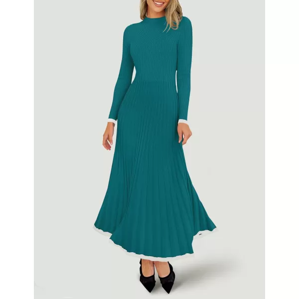 imageZESICA Womens Long Sleeve Sweater Dress 2024 Fall Crewneck Ribbed Knit Pleated ALine Maxi Wedding Guest DressesPeacock Blue