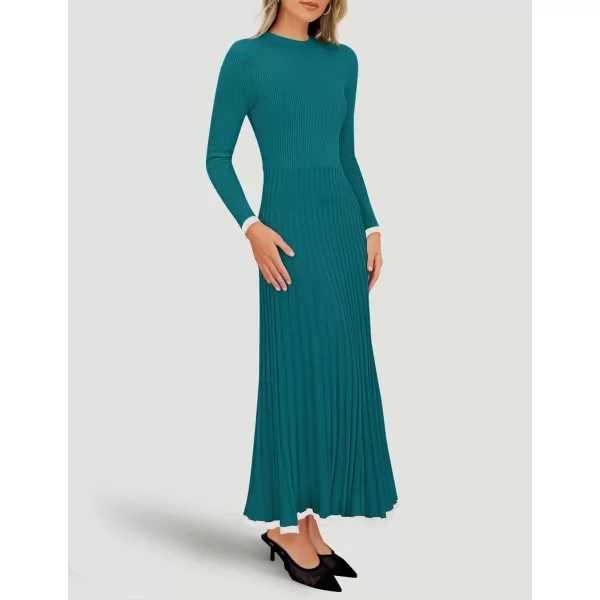 imageZESICA Womens Long Sleeve Sweater Dress 2024 Fall Crewneck Ribbed Knit Pleated ALine Maxi Wedding Guest DressesPeacock Blue