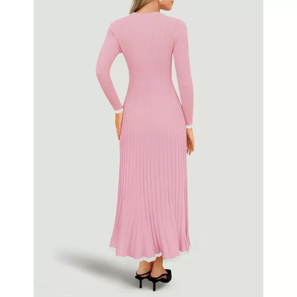 imageZESICA Womens Long Sleeve Sweater Dress 2024 Fall Crewneck Ribbed Knit Pleated ALine Maxi Wedding Guest DressesPink