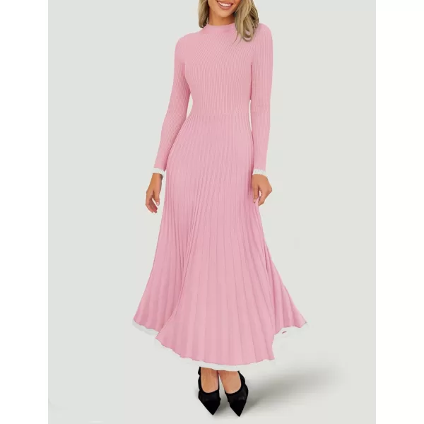 imageZESICA Womens Long Sleeve Sweater Dress 2024 Fall Crewneck Ribbed Knit Pleated ALine Maxi Wedding Guest DressesPink
