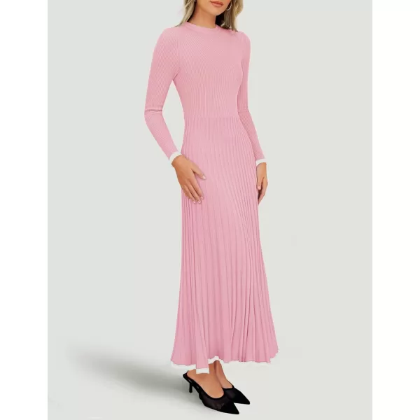 imageZESICA Womens Long Sleeve Sweater Dress 2024 Fall Crewneck Ribbed Knit Pleated ALine Maxi Wedding Guest DressesPink