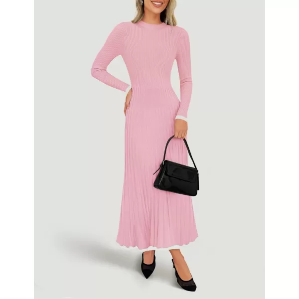 imageZESICA Womens Long Sleeve Sweater Dress 2024 Fall Crewneck Ribbed Knit Pleated ALine Maxi Wedding Guest DressesPink