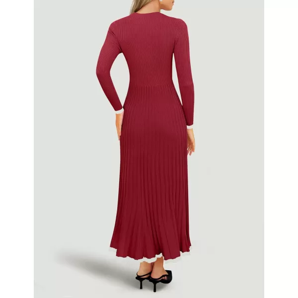 imageZESICA Womens Long Sleeve Sweater Dress 2024 Fall Crewneck Ribbed Knit Pleated ALine Maxi Wedding Guest DressesWine