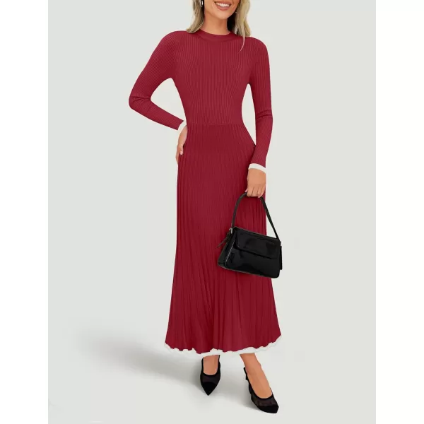 imageZESICA Womens Long Sleeve Sweater Dress 2024 Fall Crewneck Ribbed Knit Pleated ALine Maxi Wedding Guest DressesWine