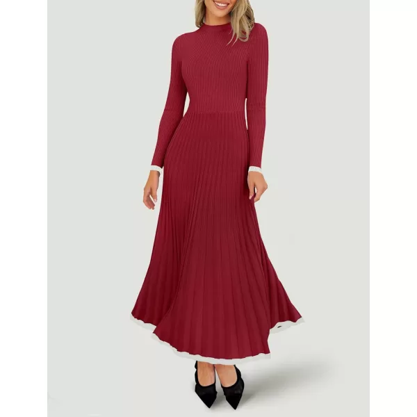 imageZESICA Womens Long Sleeve Sweater Dress 2024 Fall Crewneck Ribbed Knit Pleated ALine Maxi Wedding Guest DressesWine