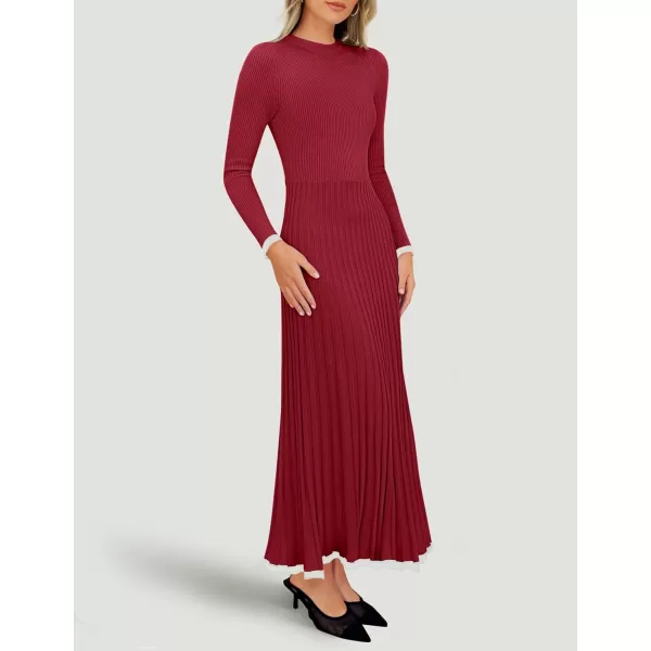 imageZESICA Womens Long Sleeve Sweater Dress 2024 Fall Crewneck Ribbed Knit Pleated ALine Maxi Wedding Guest DressesWine