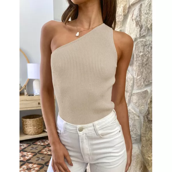 imageZESICA Womens One Shoulder Tank Summer Sleeveless T Shirt Ribbed Knit Slim Fit Sexy Casual Basic Tee TopsApricot
