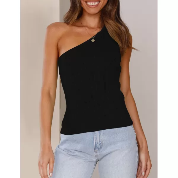 imageZESICA Womens One Shoulder Tank Summer Sleeveless T Shirt Ribbed Knit Slim Fit Sexy Casual Basic Tee TopsBlack