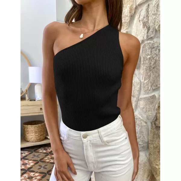 imageZESICA Womens One Shoulder Tank Summer Sleeveless T Shirt Ribbed Knit Slim Fit Sexy Casual Basic Tee TopsBlack