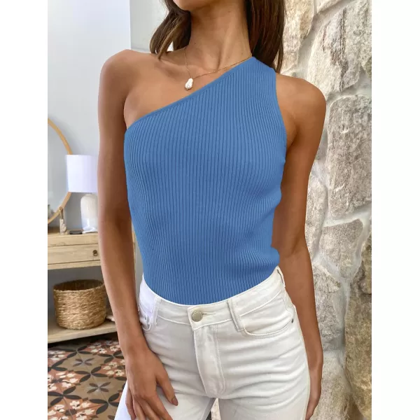 imageZESICA Womens One Shoulder Tank Summer Sleeveless T Shirt Ribbed Knit Slim Fit Sexy Casual Basic Tee TopsBlue