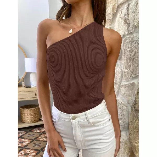 imageZESICA Womens One Shoulder Tank Summer Sleeveless T Shirt Ribbed Knit Slim Fit Sexy Casual Basic Tee TopsBrown