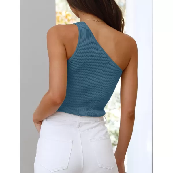 imageZESICA Womens One Shoulder Tank Summer Sleeveless T Shirt Ribbed Knit Slim Fit Sexy Casual Basic Tee TopsDarkblue