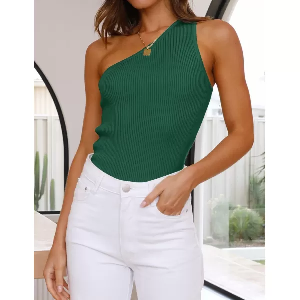 imageZESICA Womens One Shoulder Tank Summer Sleeveless T Shirt Ribbed Knit Slim Fit Sexy Casual Basic Tee TopsDarkgreen