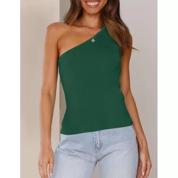 imageZESICA Womens One Shoulder Tank Summer Sleeveless T Shirt Ribbed Knit Slim Fit Sexy Casual Basic Tee TopsDarkgreen