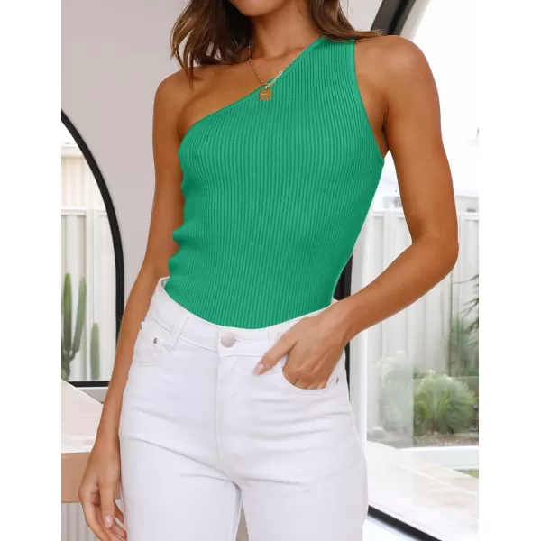 imageZESICA Womens One Shoulder Tank Summer Sleeveless T Shirt Ribbed Knit Slim Fit Sexy Casual Basic Tee TopsGreen