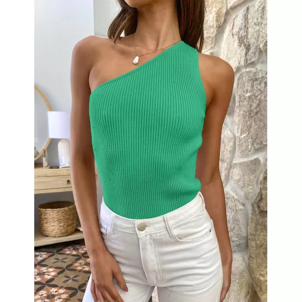 imageZESICA Womens One Shoulder Tank Summer Sleeveless T Shirt Ribbed Knit Slim Fit Sexy Casual Basic Tee TopsGreen