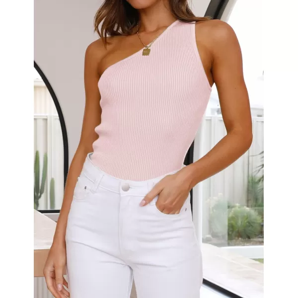 imageZESICA Womens One Shoulder Tank Summer Sleeveless T Shirt Ribbed Knit Slim Fit Sexy Casual Basic Tee TopsLightpink