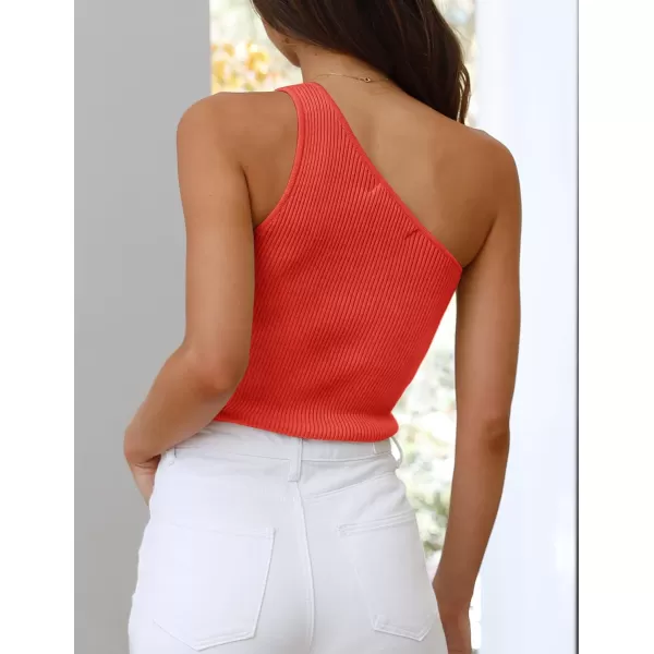imageZESICA Womens One Shoulder Tank Summer Sleeveless T Shirt Ribbed Knit Slim Fit Sexy Casual Basic Tee TopsOrangered