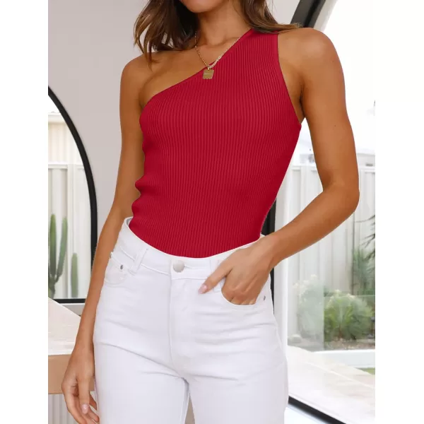 imageZESICA Womens One Shoulder Tank Summer Sleeveless T Shirt Ribbed Knit Slim Fit Sexy Casual Basic Tee TopsRed