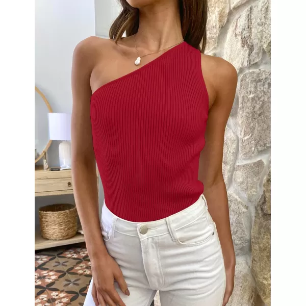 imageZESICA Womens One Shoulder Tank Summer Sleeveless T Shirt Ribbed Knit Slim Fit Sexy Casual Basic Tee TopsRed