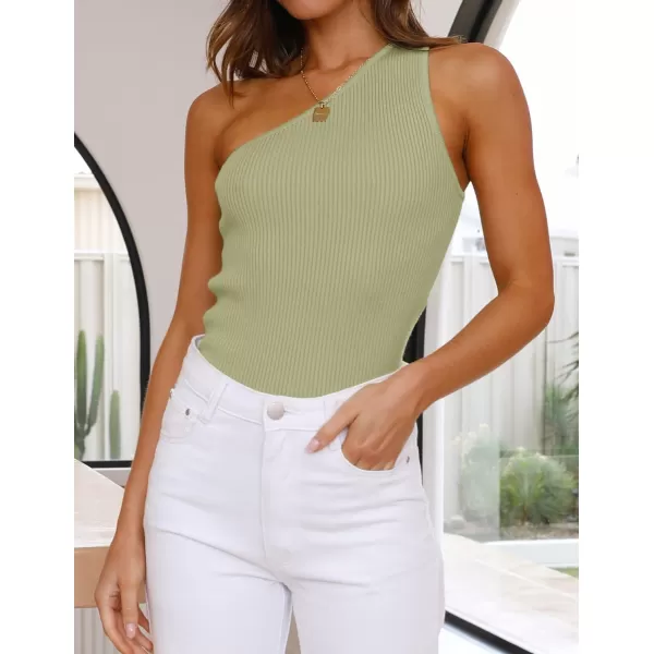 imageZESICA Womens One Shoulder Tank Summer Sleeveless T Shirt Ribbed Knit Slim Fit Sexy Casual Basic Tee TopsSage