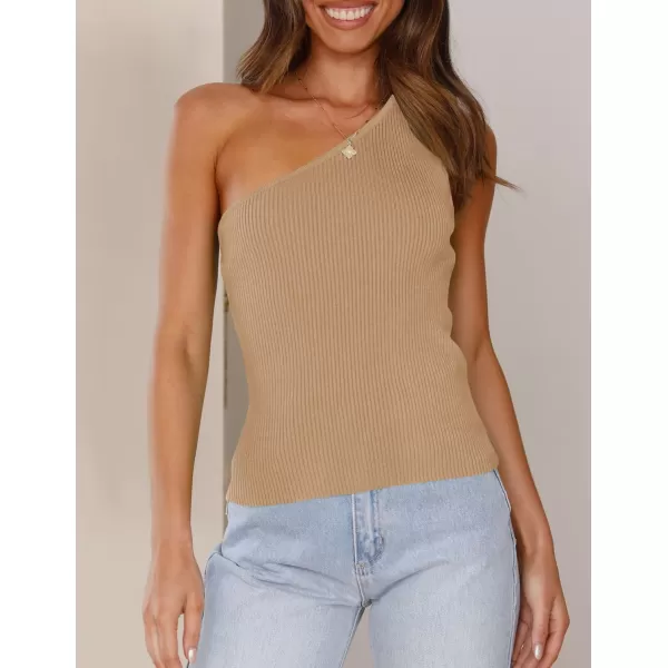 imageZESICA Womens One Shoulder Tank Summer Sleeveless T Shirt Ribbed Knit Slim Fit Sexy Casual Basic Tee TopsToffee
