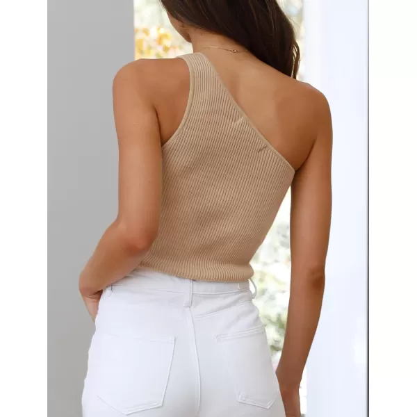 imageZESICA Womens One Shoulder Tank Summer Sleeveless T Shirt Ribbed Knit Slim Fit Sexy Casual Basic Tee TopsToffee