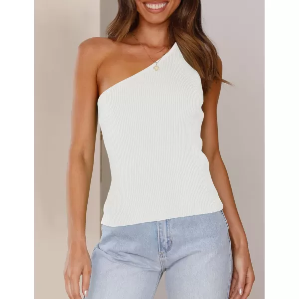 imageZESICA Womens One Shoulder Tank Summer Sleeveless T Shirt Ribbed Knit Slim Fit Sexy Casual Basic Tee TopsWhite