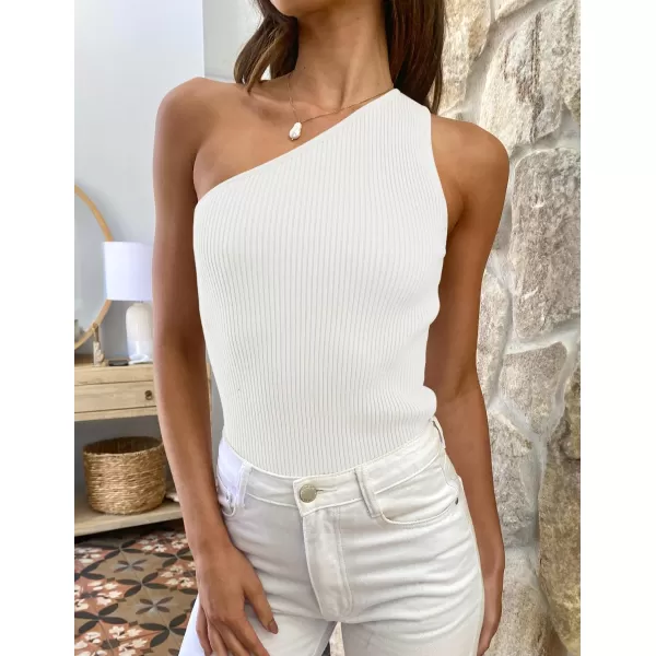 imageZESICA Womens One Shoulder Tank Summer Sleeveless T Shirt Ribbed Knit Slim Fit Sexy Casual Basic Tee TopsWhite