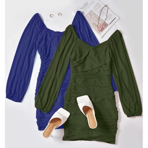imageZESICA Womens Sexy V Neck Ruched Bodycon Mini Dress Puff Long Sleeve Cocktail Wedding Party Short DressesArmygreen