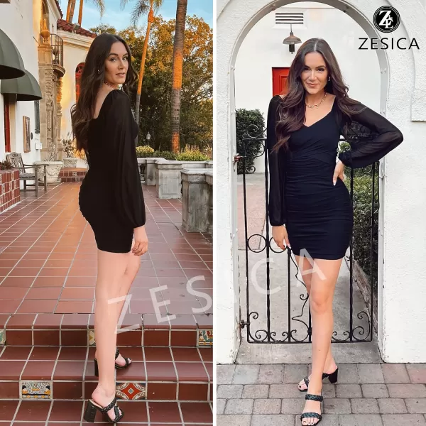 imageZESICA Womens Sexy V Neck Ruched Bodycon Mini Dress Puff Long Sleeve Cocktail Wedding Party Short DressesBlack