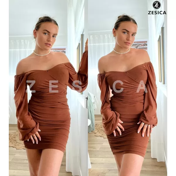 imageZESICA Womens Sexy V Neck Ruched Bodycon Mini Dress Puff Long Sleeve Cocktail Wedding Party Short DressesCaramel