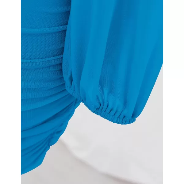 imageZESICA Womens Sexy V Neck Ruched Bodycon Mini Dress Puff Long Sleeve Cocktail Wedding Party Short DressesCobaltblue