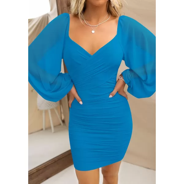 imageZESICA Womens Sexy V Neck Ruched Bodycon Mini Dress Puff Long Sleeve Cocktail Wedding Party Short DressesCobaltblue