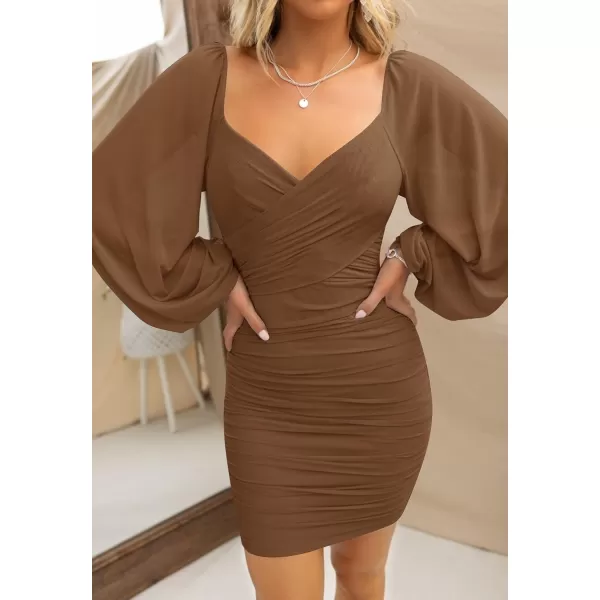 imageZESICA Womens Sexy V Neck Ruched Bodycon Mini Dress Puff Long Sleeve Cocktail Wedding Party Short DressesCoffee