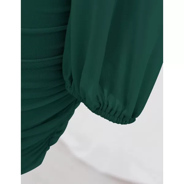imageZESICA Womens Sexy V Neck Ruched Bodycon Mini Dress Puff Long Sleeve Cocktail Wedding Party Short DressesForestgreen