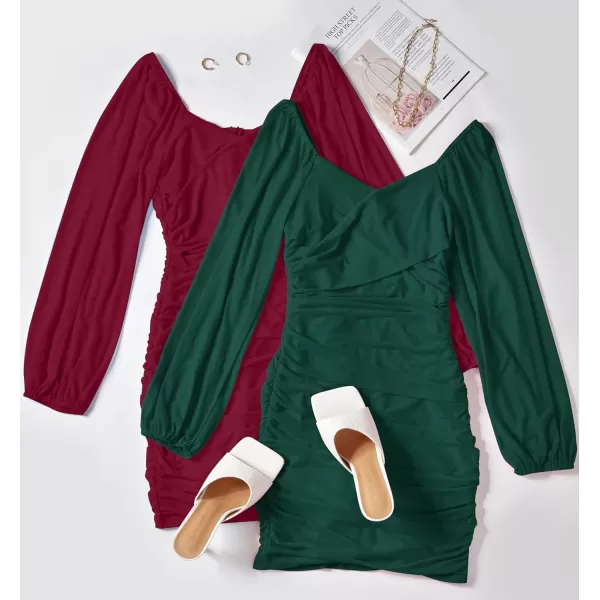 imageZESICA Womens Sexy V Neck Ruched Bodycon Mini Dress Puff Long Sleeve Cocktail Wedding Party Short DressesForestgreen
