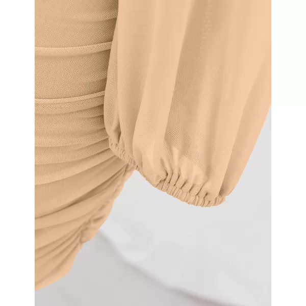 imageZESICA Womens Sexy V Neck Ruched Bodycon Mini Dress Puff Long Sleeve Cocktail Wedding Party Short DressesLightkhaki