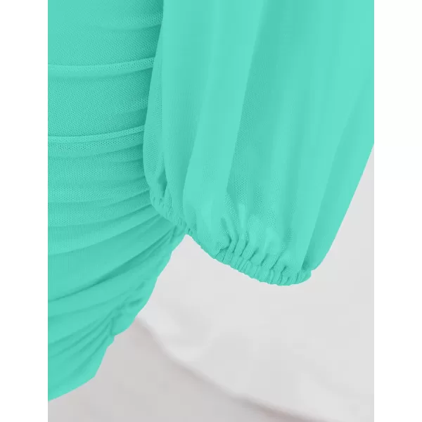 imageZESICA Womens Sexy V Neck Ruched Bodycon Mini Dress Puff Long Sleeve Cocktail Wedding Party Short DressesMint