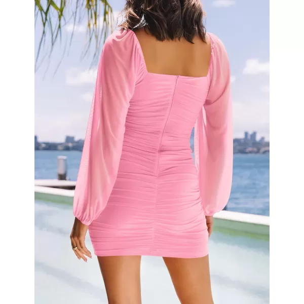 imageZESICA Womens Sexy V Neck Ruched Bodycon Mini Dress Puff Long Sleeve Cocktail Wedding Party Short DressesPink